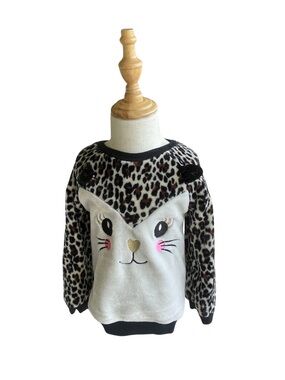 Penelope Mack White Plush Cat Face Sweater with Leopard Print Sleeves